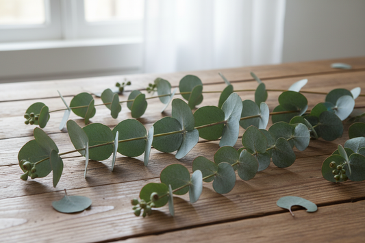 stems of Eucalyptus on table